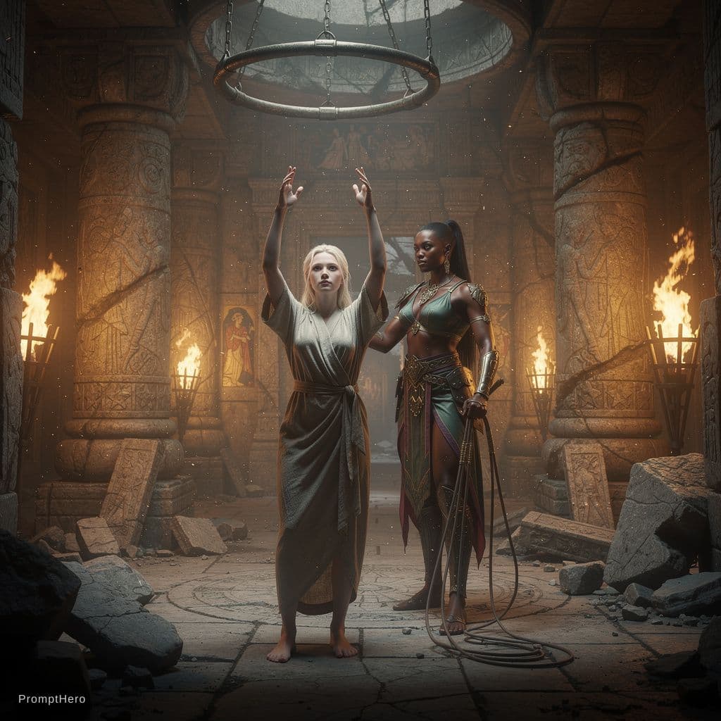 AI generated: Realistic fantasy style, dimly lit ancient stone chamber in a decadent lost city, torchlight flicker...