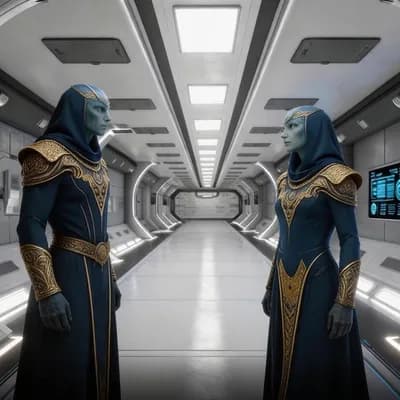 AI generated video: Two regal alien humanoids in deep blue ceremonial uniforms stand facing each other in a sleek futuri...