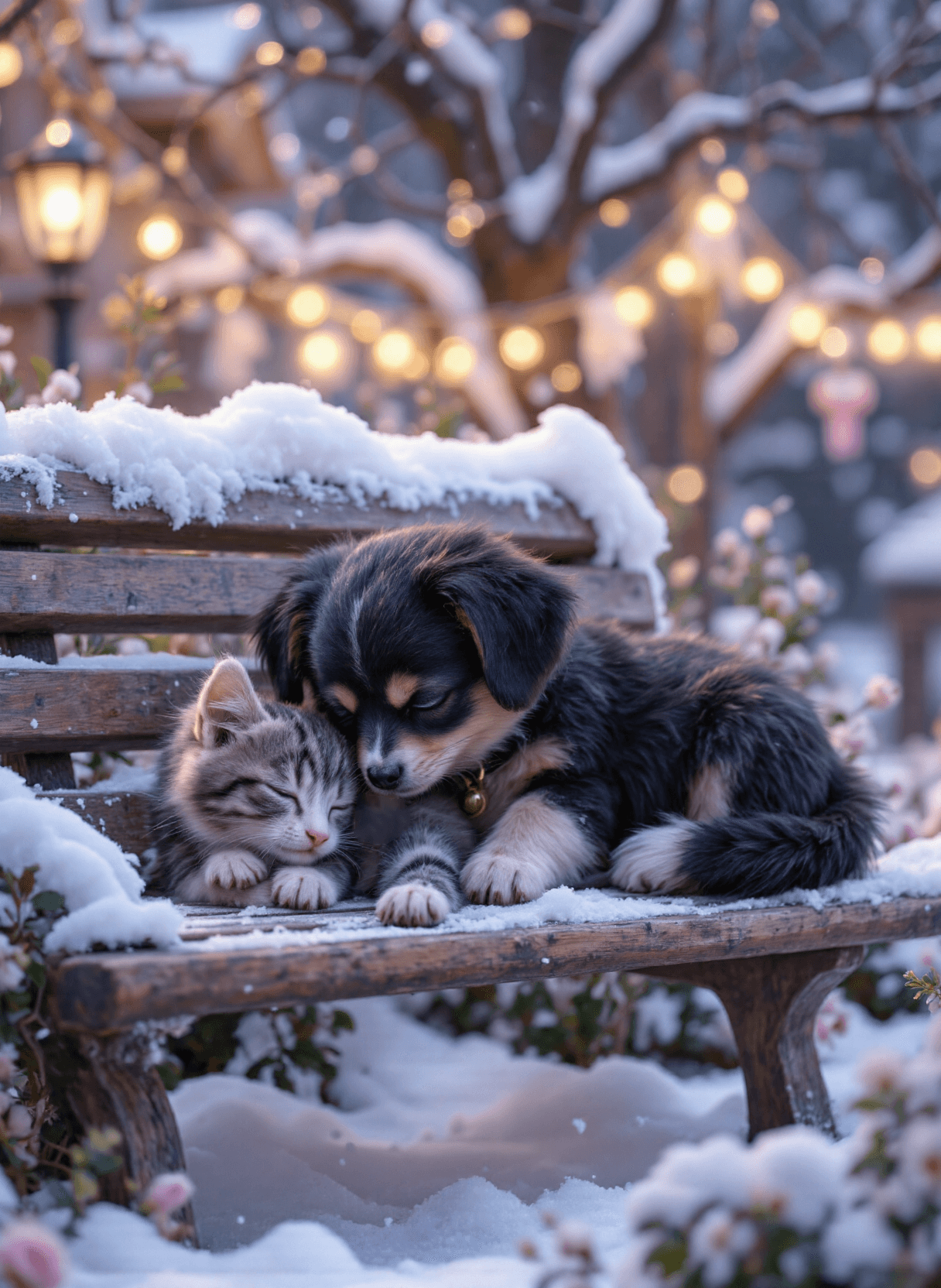 AI generated: The image depicts a serene winter scene featuring an animated ((Pixar Style)) small dog and a kitten...