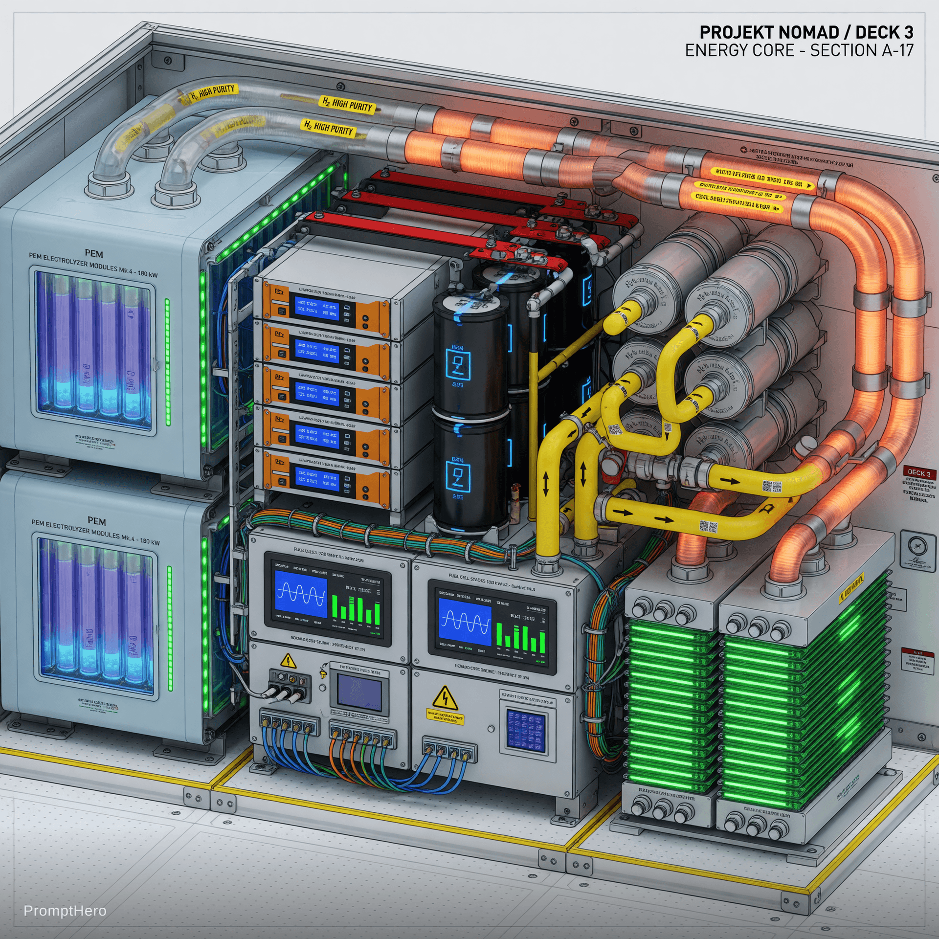 AI generated: Highly detailed technical interior close-up of the Energy Core on Deck 3 of Projekt Nomad, clean eng...