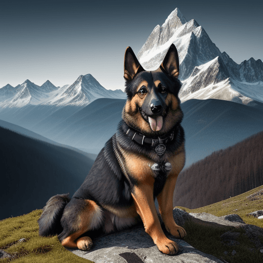 AI generated: german shepherd photography, realistic, high dynamic range, mountain background