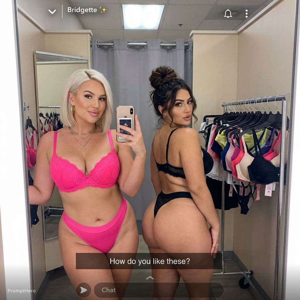 AI generated: Two chubby, curvy 30 year old women take a mirror selfie in a dressing room. The dressing room rack ...