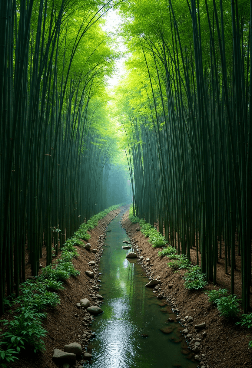 AI generated: A dense bamboo forest with tall, swaying bamboo canes and hidden paths winding through the thick und...