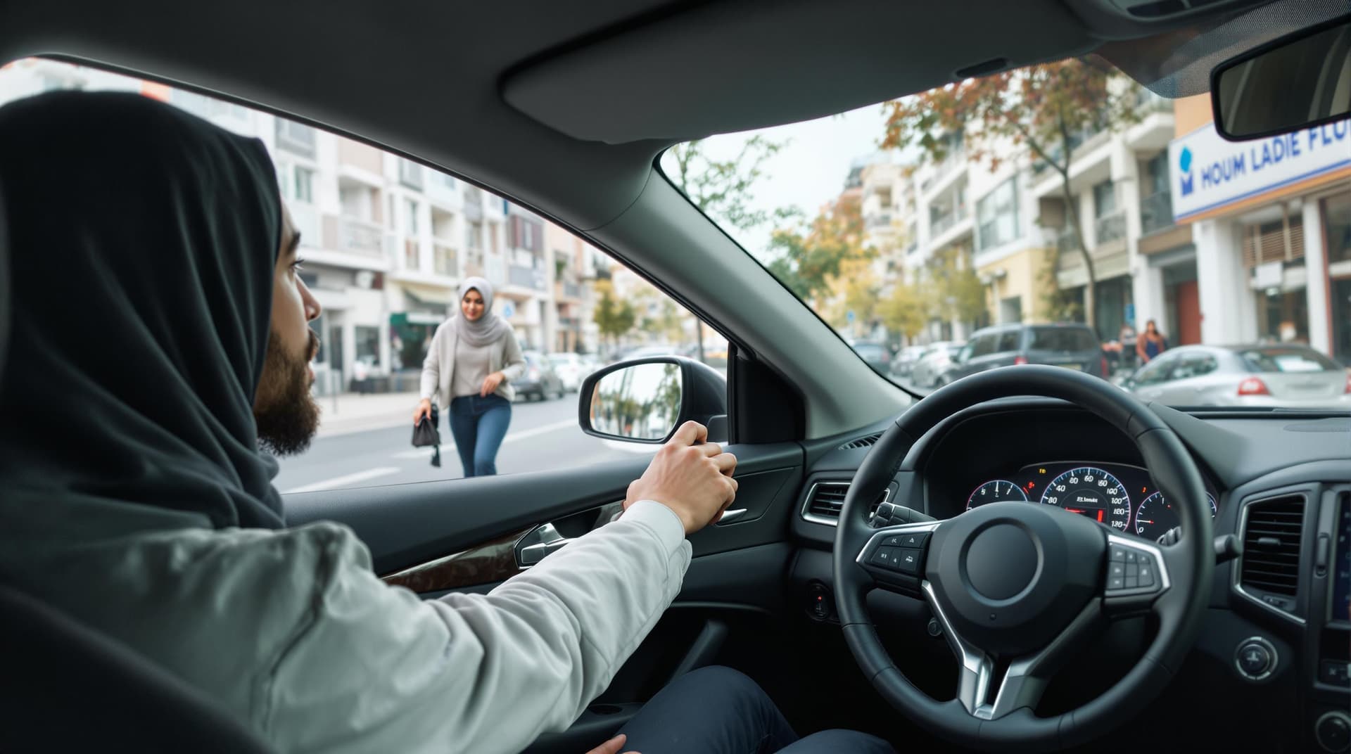 AI generated: man taking a driving test fpv from front seat behing the wheel looking out of the window on a city s...