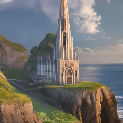AI generated: Cathedral of Dawn: Situated on a cliff overlooking the sea, the Cathedral of Dawn is a sacred sanctu...