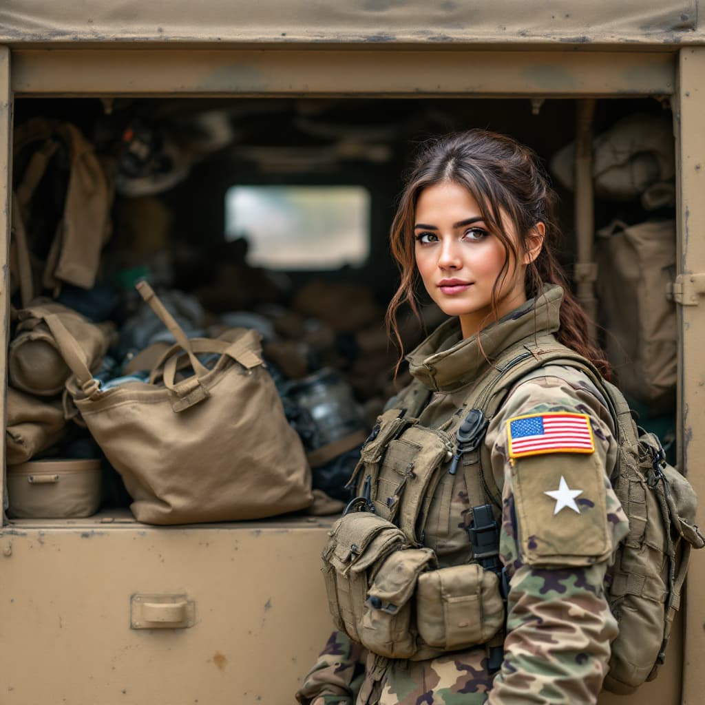 AI generated: A nice female soldier standing behind an army Jeep with military gear and supplies, including a visi...