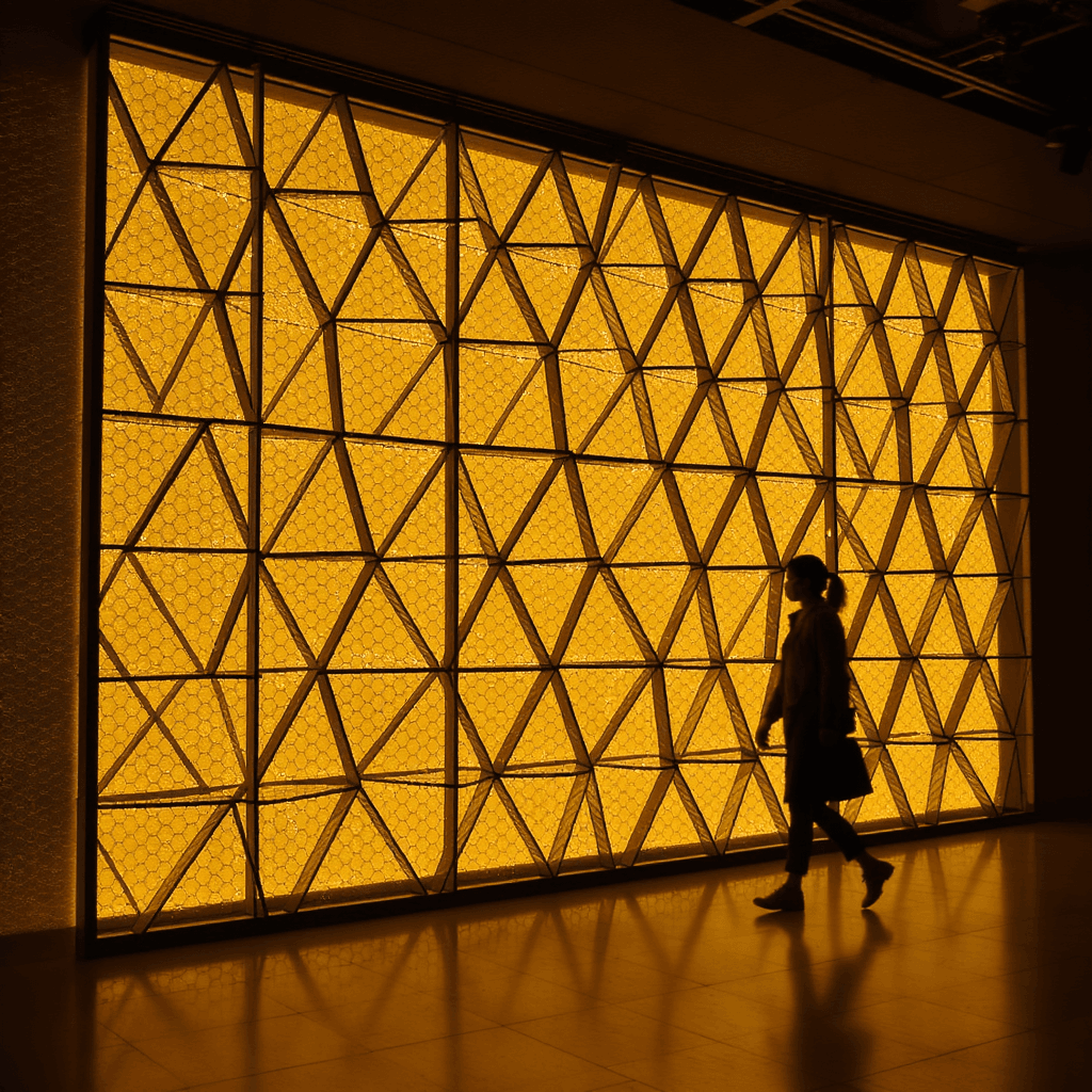 AI generated: photography, triangular pattern translucent glass wall installation with black metal frame grid, war...