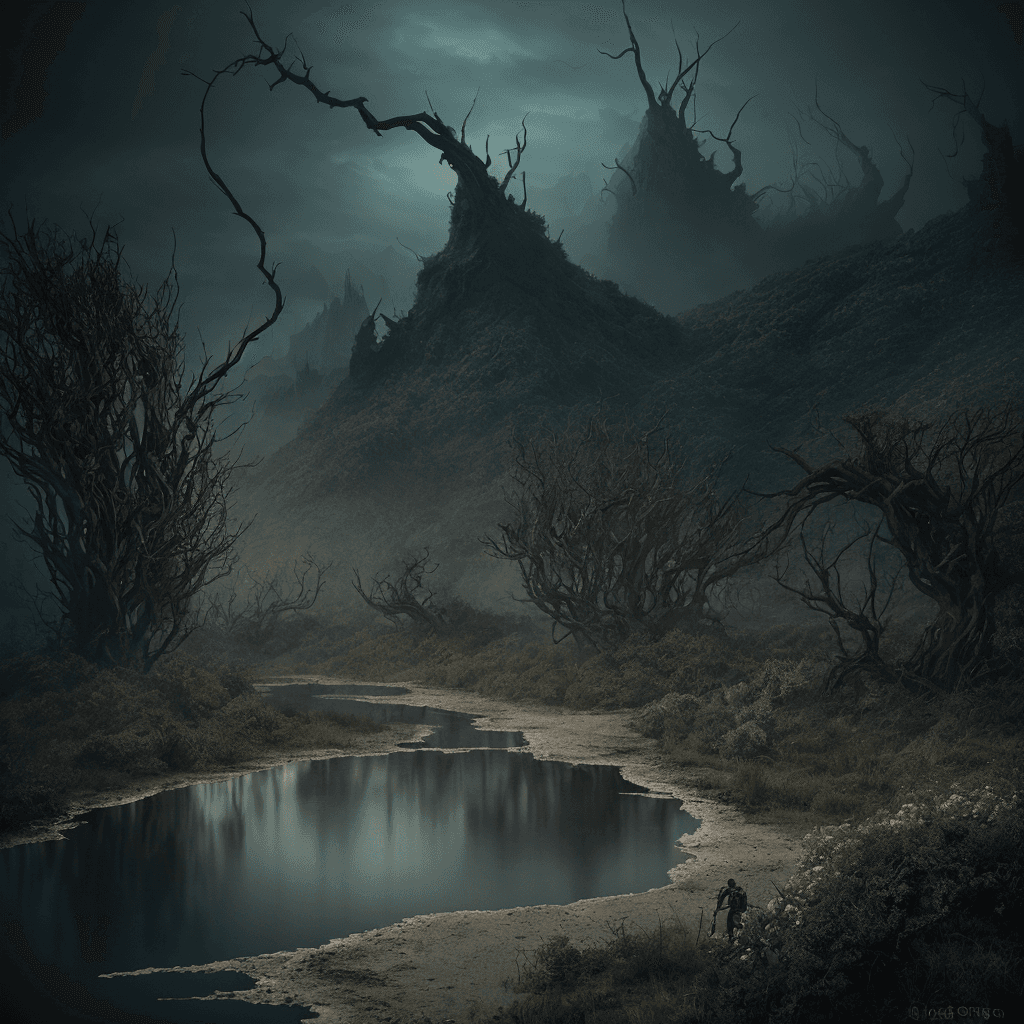 AI generated: film still, hyper realistic high detail raytracing octane render. Foggy Sea of Darkness. Darkly beau...