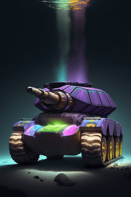 AI generated: Underwater (gigantic mechanical military vehicle:1.9) in form of Tortoise is illuminated in the dark...