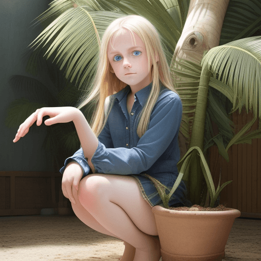 AI generated: Girl 12 years old, blue eyes, blonde hair, stands on one knee and reaches for the upper right corner...