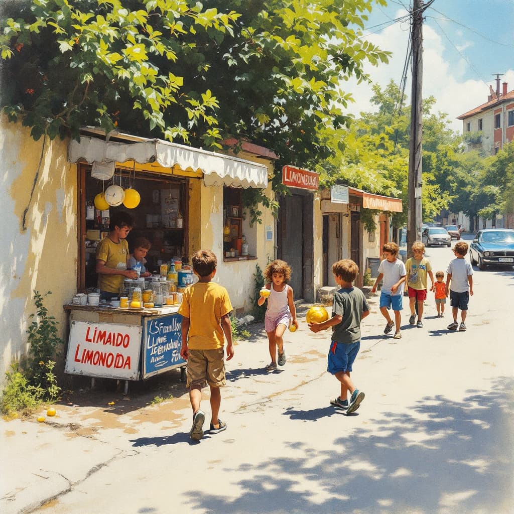 AI generated: Una tarde de verano especialmente calurosa; a los niños de 9 a 12 años jugando beisbol en la calle. ...