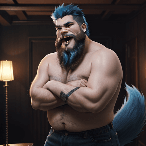 AI generated: cozy atmosphere; wide angle, animated, chubby male, gentle villain, standing tall, colored hair, fan...