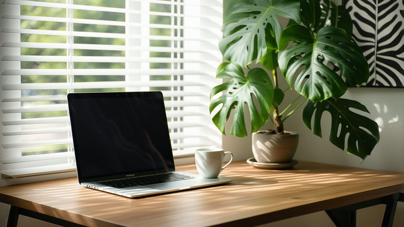 AI generated: A minimalist modern workspace, wooden desk with natural grain texture, silver Macbook Pro open on de...