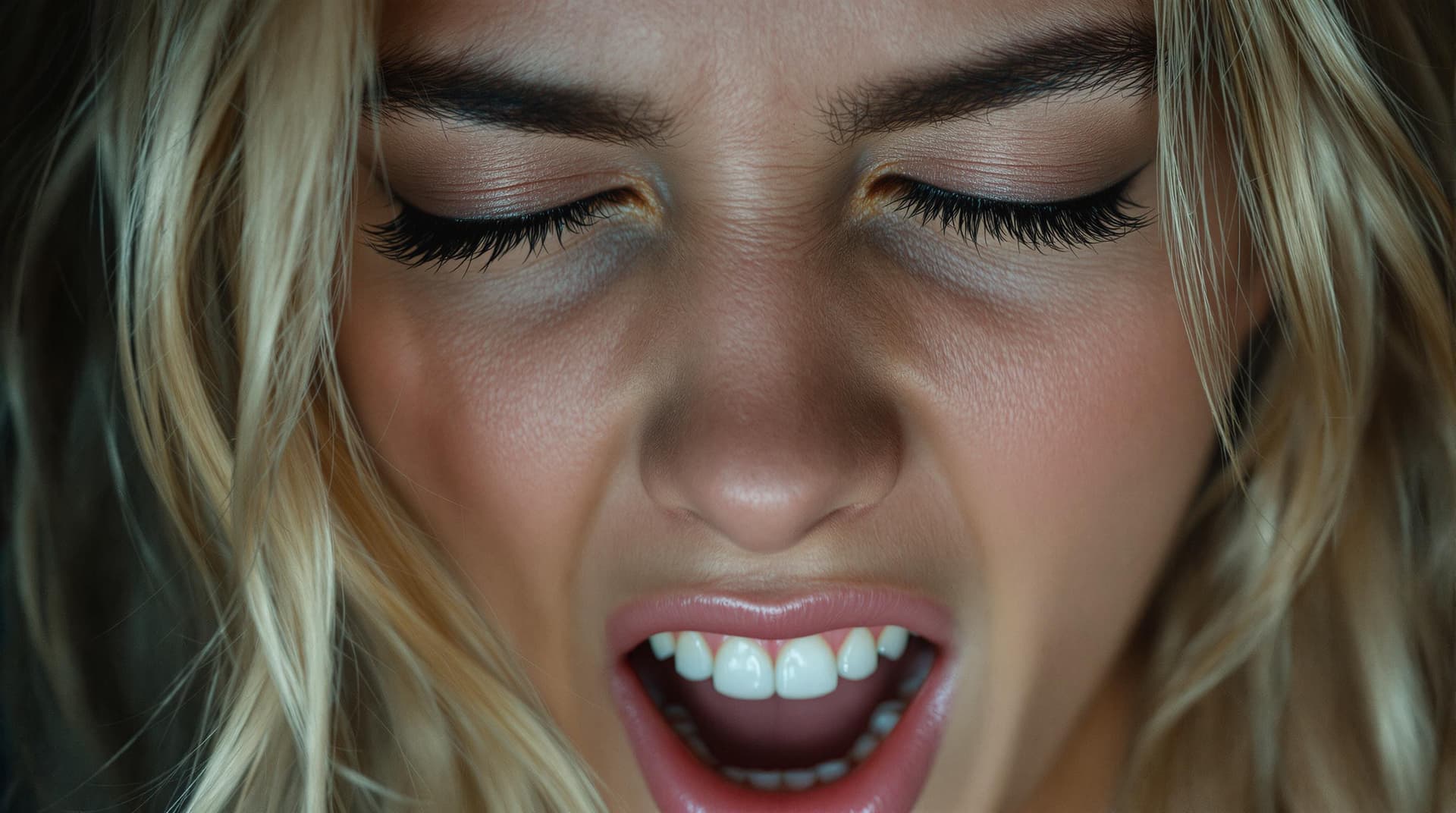 AI generated: Hyper-realistic erotic photography, extreme close-up of the face only.
Beautiful college model, blon...
