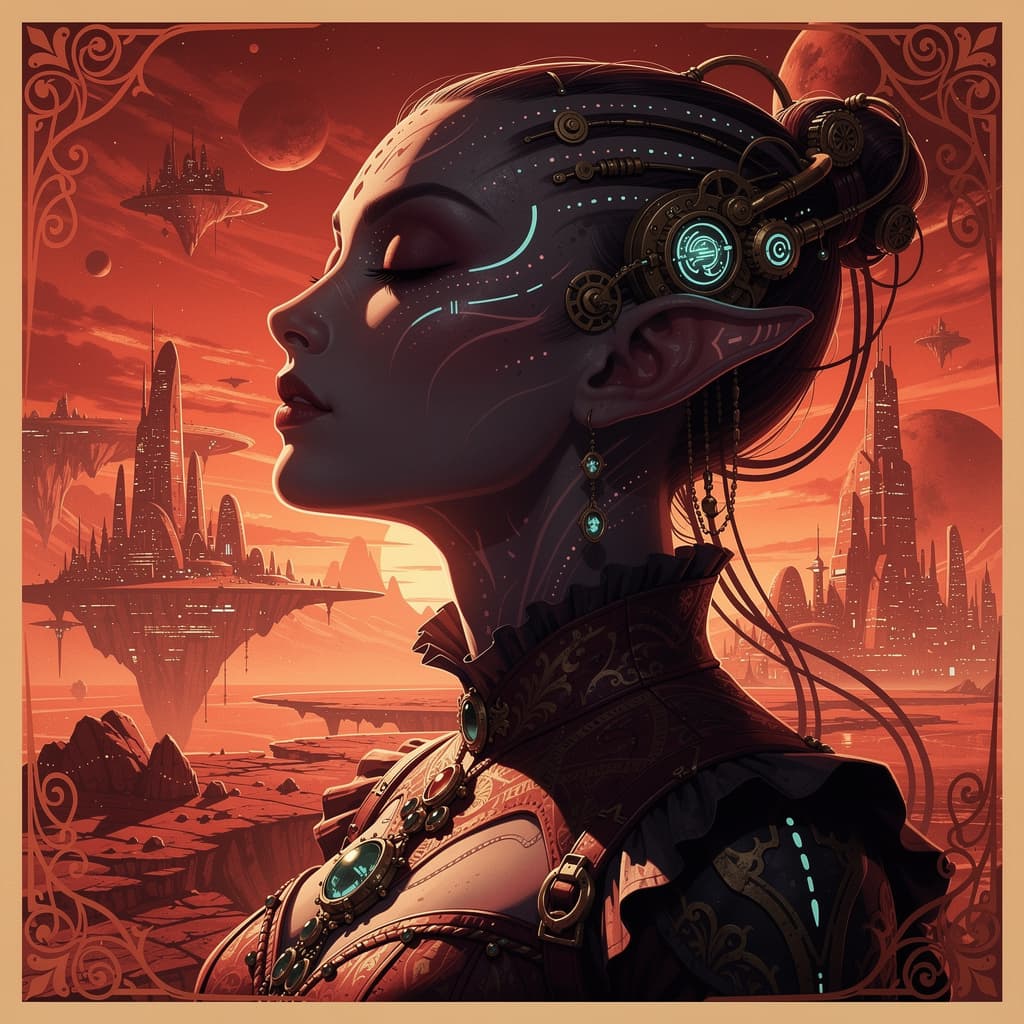 AI generated: A side view face of a beautiful alien woman in the style of retro futuristic propaganda, her eyes ar...