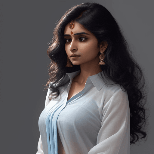 AI generated: An image of an indian woman with medium-length wavy hair and a poised expression. She is wearing a f...