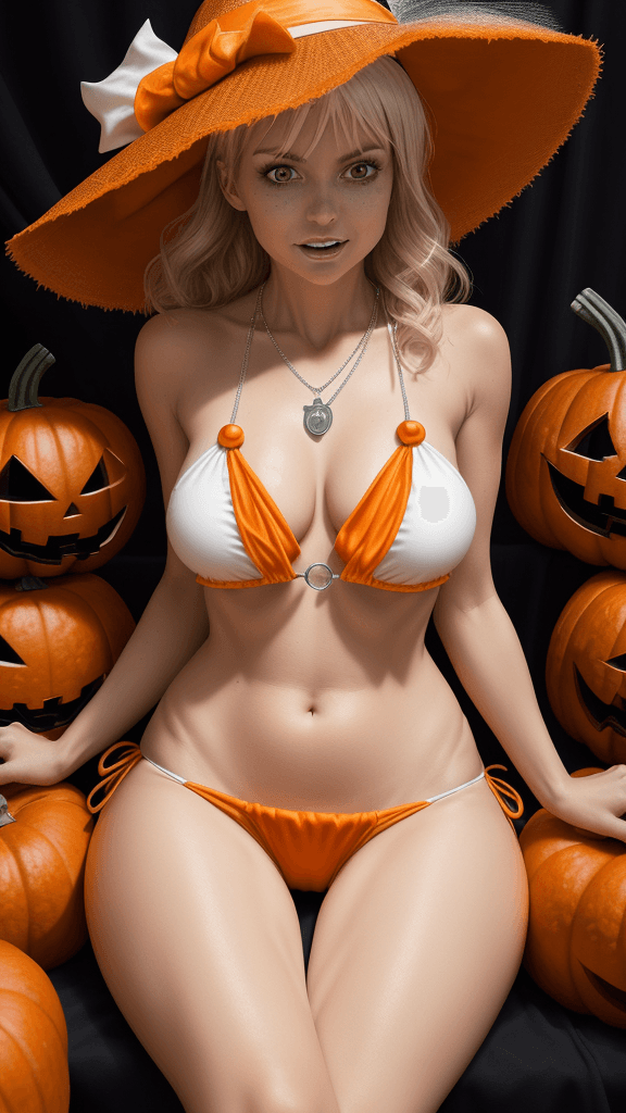 AI generated: a woman dressed in a Halloween costume, adorned with an orange hat, is seated on a white platform su...