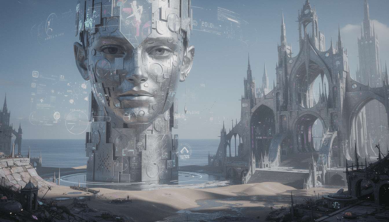 AI generated: In a surreal, futuristic landscape, bosh style a giant hyper realistic   androgynous face in a verti...