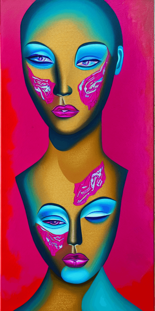 AI generated: oil painting on canvas, a portrait of a beautiful woman with laser magenta eyes, peeling and cracked...