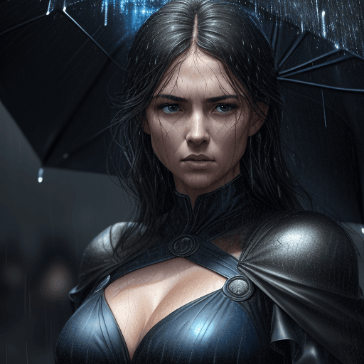 AI generated: women with a focus face, black gold dress . standing in light rain. with realistic drop of rain on h...