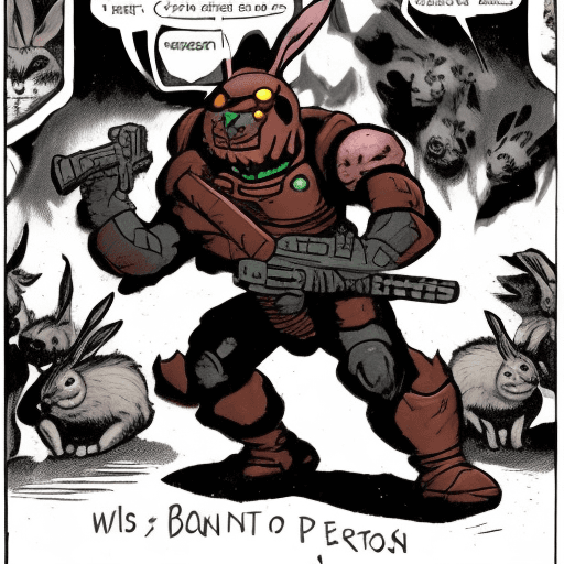 AI generated: Doomguy doomslayer  with his pet bunny fighting  demons in hell
