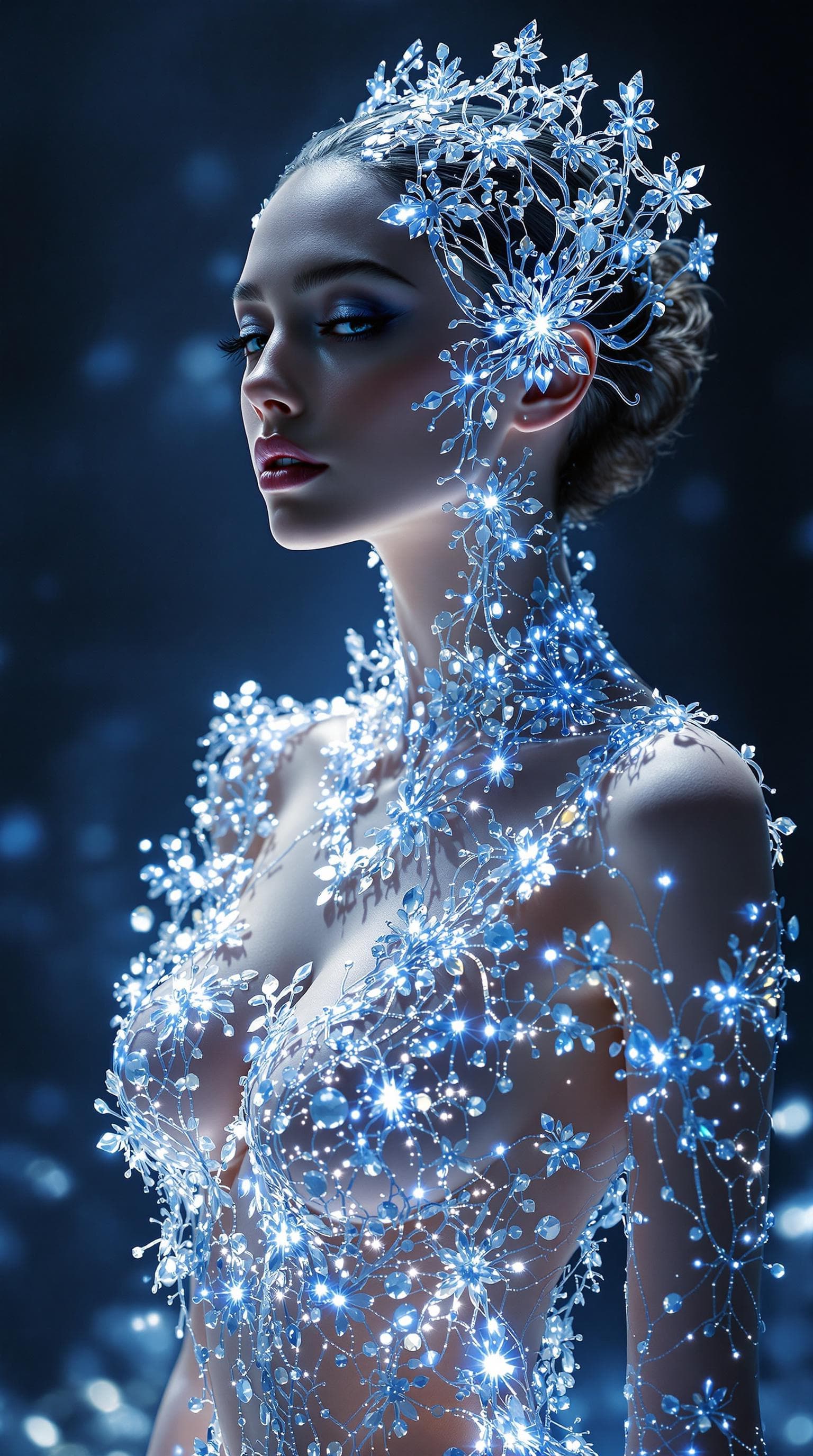 AI generated: full body portrait of a beautiful exposed female model, intricate filigree crystal dress in the styl...