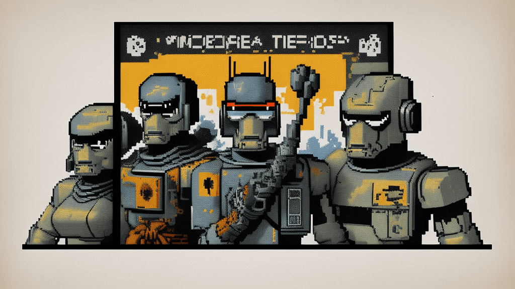 AI generated: mono pixelated poster, signed by"101", a digital illustration of a robot rebels, highly detailed vin...