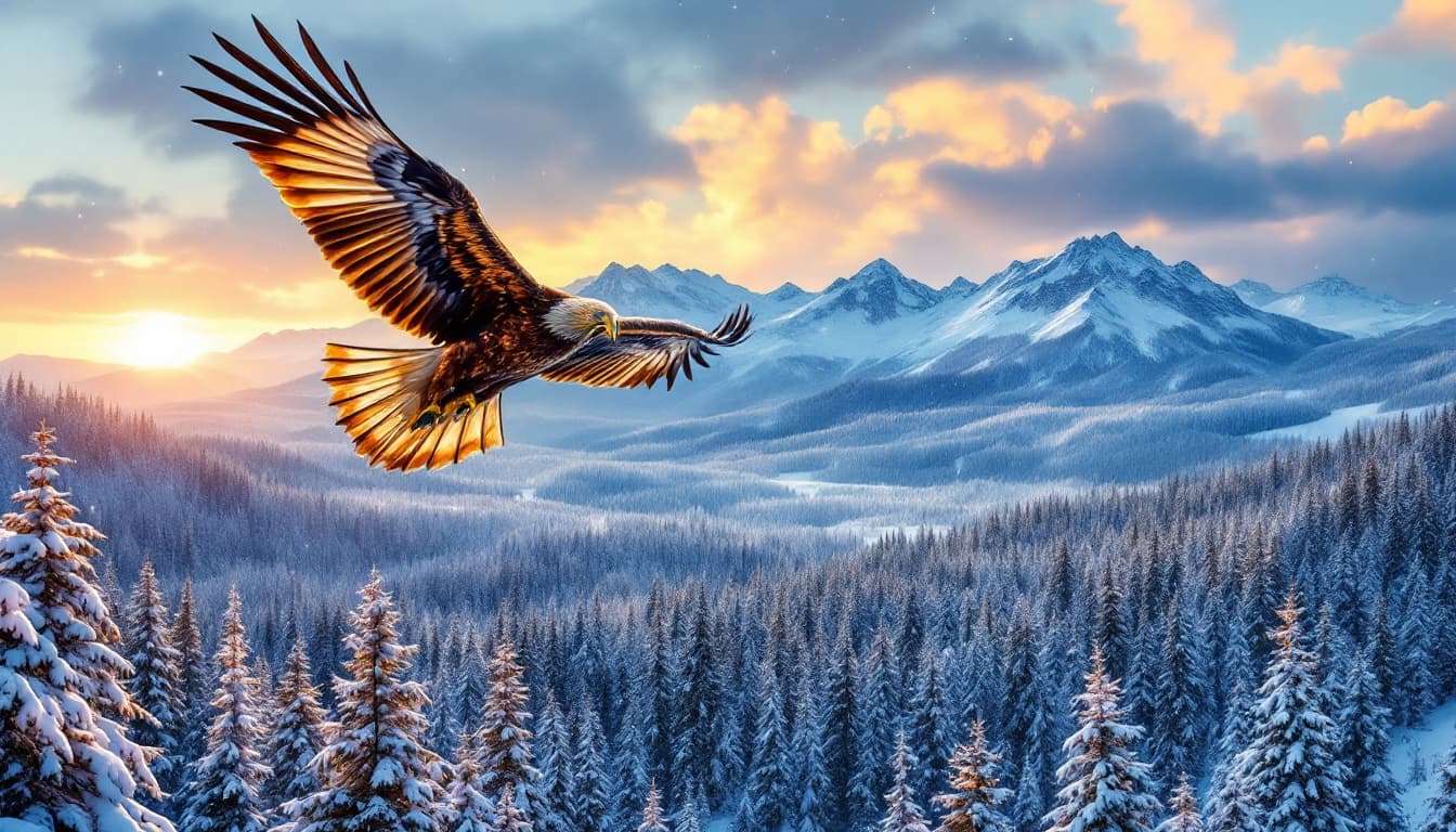 AI generated: A golden eagle (Aquila chrysaetos) soars across the sky above a vast, snow-covered coniferous forest...