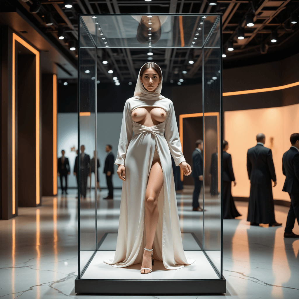 AI generated: A stunning and elegant Arab woman standing confidently inside a large transparent glass display box,...