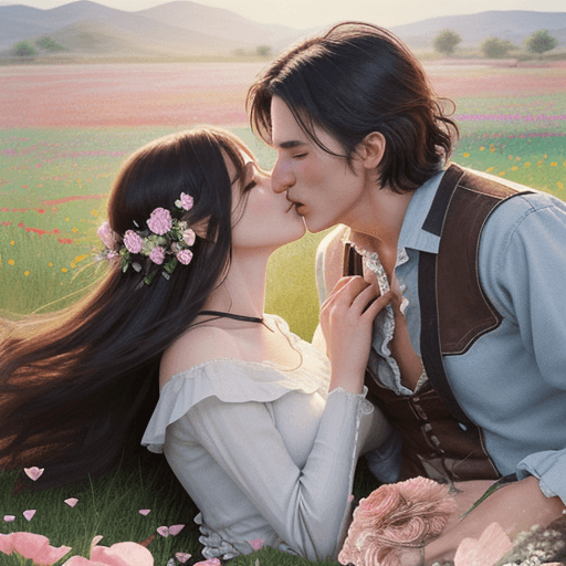 AI generated: Romance illustration, a couple sharing a passionate kiss, romance book, Wild west, set against a blo...
