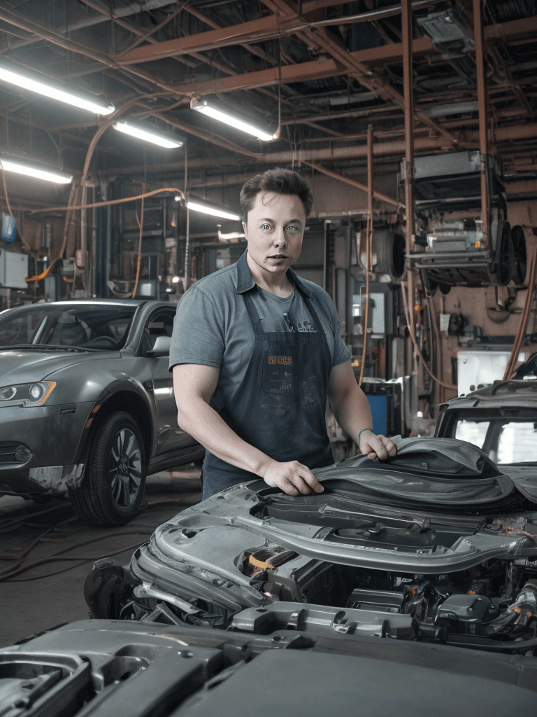 AI generated: portrait of Elon Musk working in a car repair shop, ultra realistic, 8k full HD, low angle, unreal e...