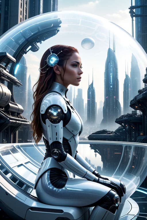 AI generated: Daily Theme - Visions of Tomorrow, sci-fi, sitting in a machinic bubble ship looking around city, ci...
