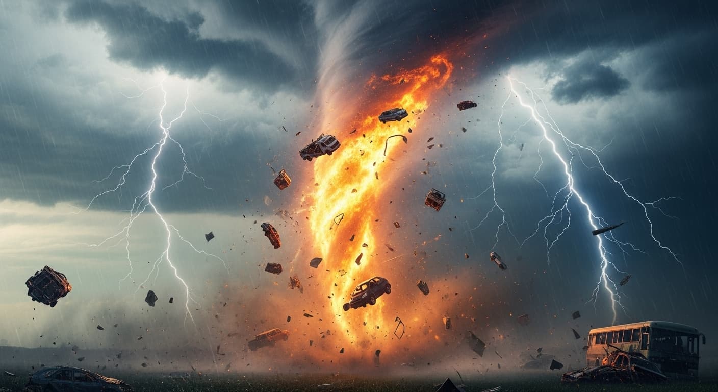 AI generated: massive tornado engulfed by fire, heavy rain, extreme clouds and lighting. vehicles flying around pi...