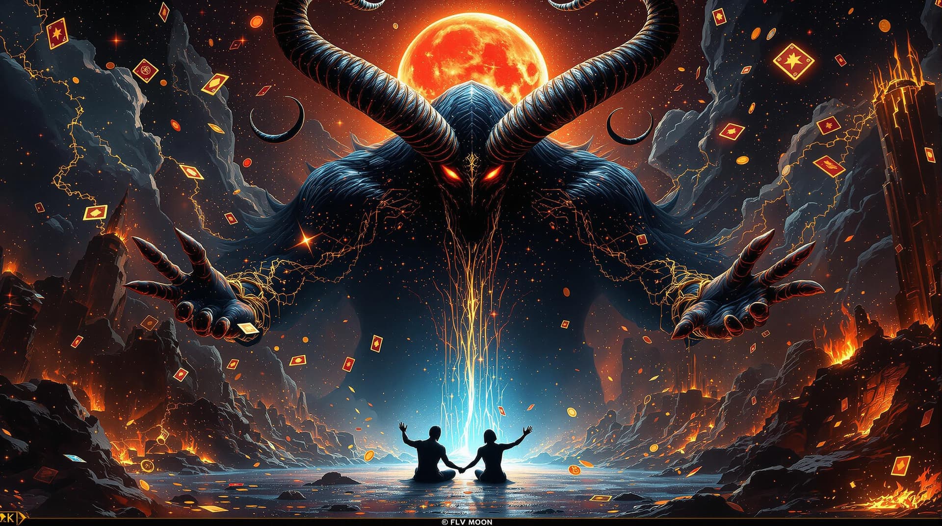 AI generated: A colossal, shadowy figure looms over a surreal, neon-lit underworld, its horns spiraling into infin...