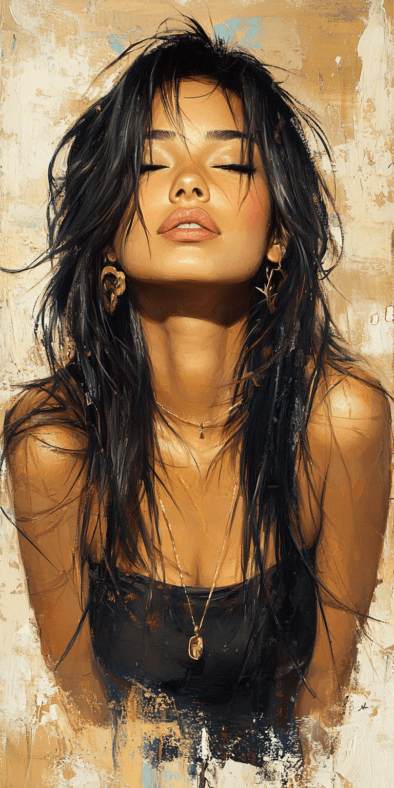 AI generated: a woman with long black hair in a gold painting, in the style of charlie bowater, dark blue and dark...