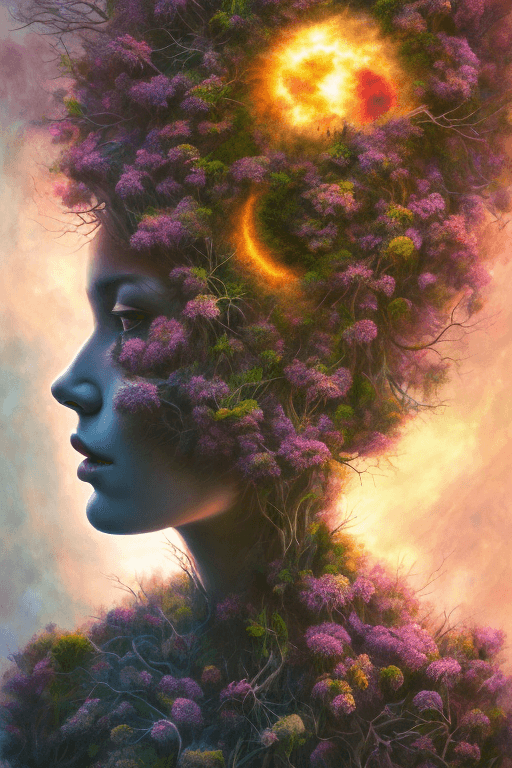 AI generated: Nature exploding out a humans head, trees, flowers, mountain, sunset, nature mind, expressive creati...