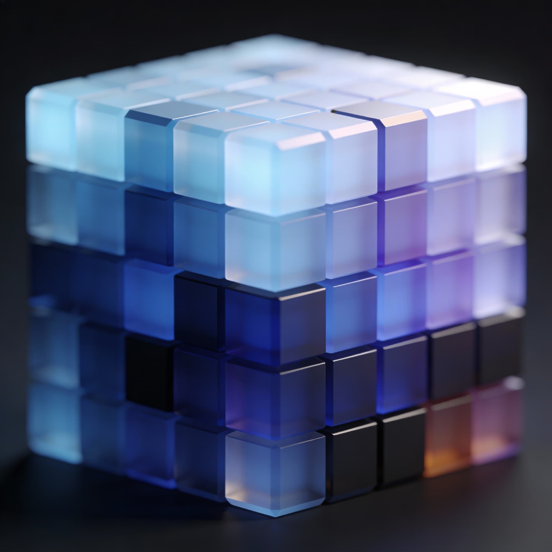 AI generated: Ultra-clean abstract 3D product render of a cube composed of smaller cubes,
modular voxel structure ...