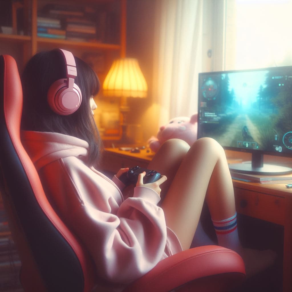 AI generated: a Girl gamer sitting in her gamer chair, playing video games art by Rinko Kawauchi, in the style ofn...