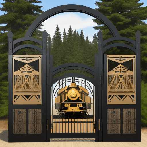 AI generated: A metal double gate with solid panels, with simple laser-cut imagery that depicts a steam train and ...