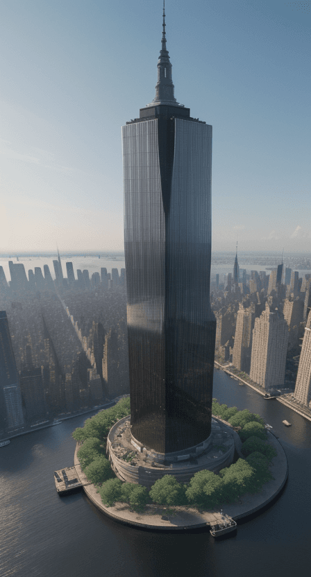 AI generated: aerial view of a giant fish tank shaped like a tower in the middle of new york city, 8k octane rende...