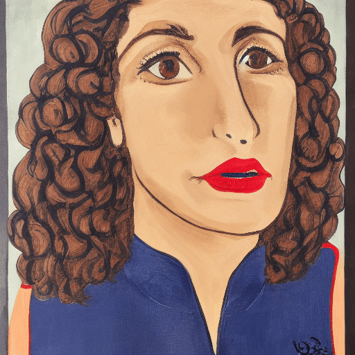 AI generated: A woman with a long curly brown hair, olive skin tone, brown eyes, red lips, wearing a navy blue dre...