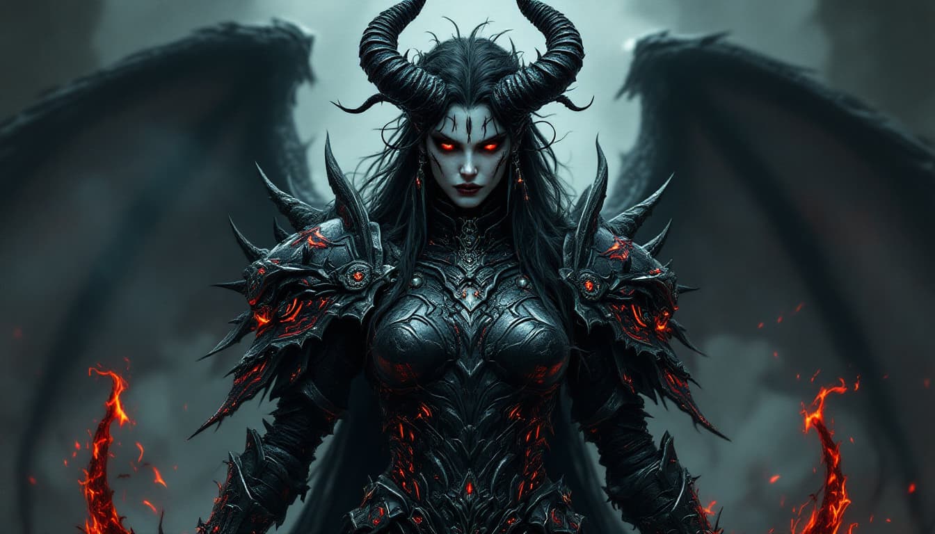 AI generated: An ultra-realistic, full-body portrait of a mesmerizing demon knight woman, her pose both powerful a...