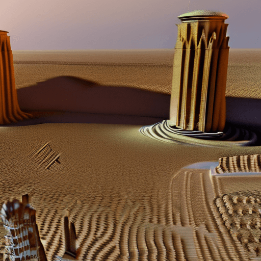 AI generated: Desert landscape, ruins of an advanced city on the left and right, colossal black tall elongated thi...