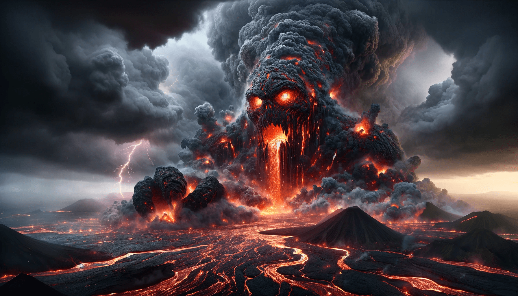 AI generated: Create an image of a gargantuan lava monster emerging from the crater of an erupting volcano. The sc...