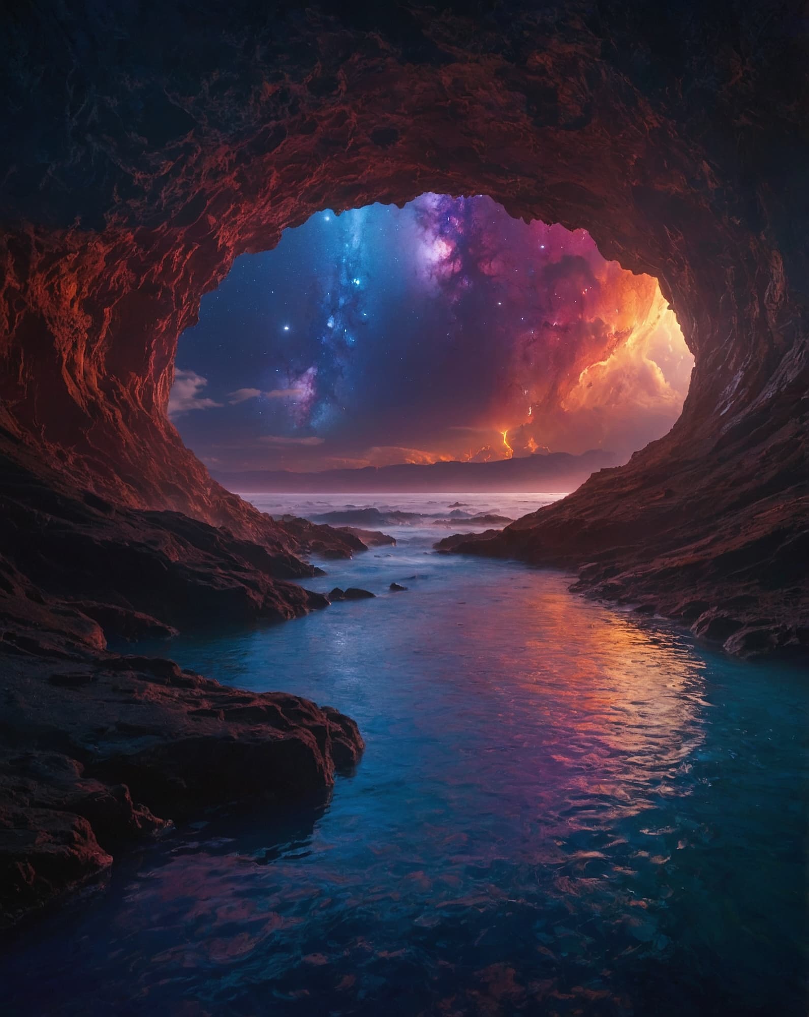 AI generated: A dazzling, otherworldly portal in the shape of a mirror reveals a galaxy of plush clouds and the di...