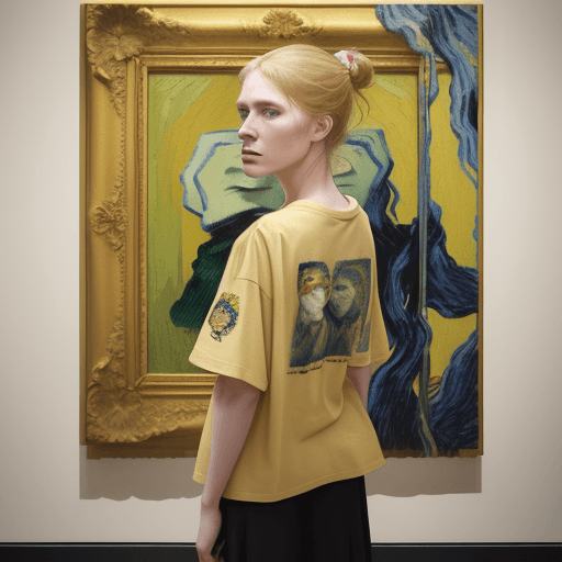 AI generated: In the visual representation, a woman stands against a neutral beige backdrop and there is a portrai...