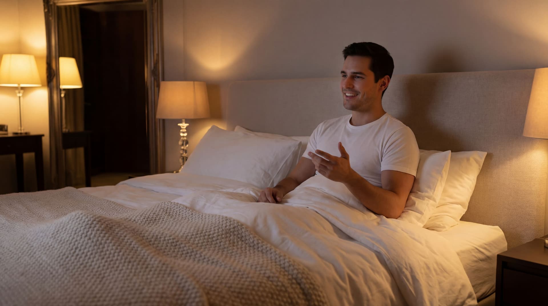 AI generated: At a very nice large bedroom at night, the Hispanic guy has a happy expression on his face. He is si...