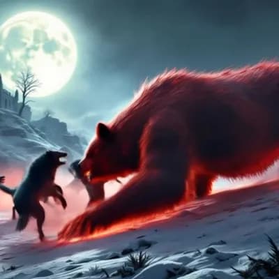 AI generated video: describes a great battle between the wolves and the bear, the combat is strong, cinematic scenes,
