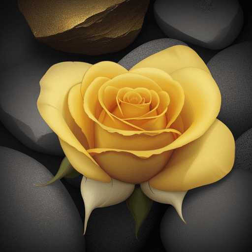 AI generated: Draw a captivating image featuring a brilliant yellow rose lying gracefully on a heart-shaped rock. ...