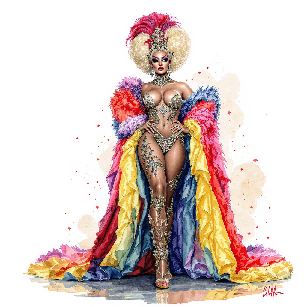 AI generated: A stunning watercolor painting of a melanated drag queen standing tall, confident and commanding on ...